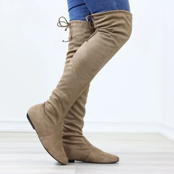 Taupe Thigh High Over The Knee Flat Boots Faux Suede - Picture 7 of 15